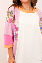 Sachet Pink Floral Patchwork Colorblock Loose Top