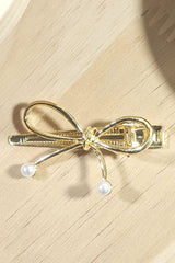 Gold Bow Knot Pearl Decor Plated Alloy Hair Clip