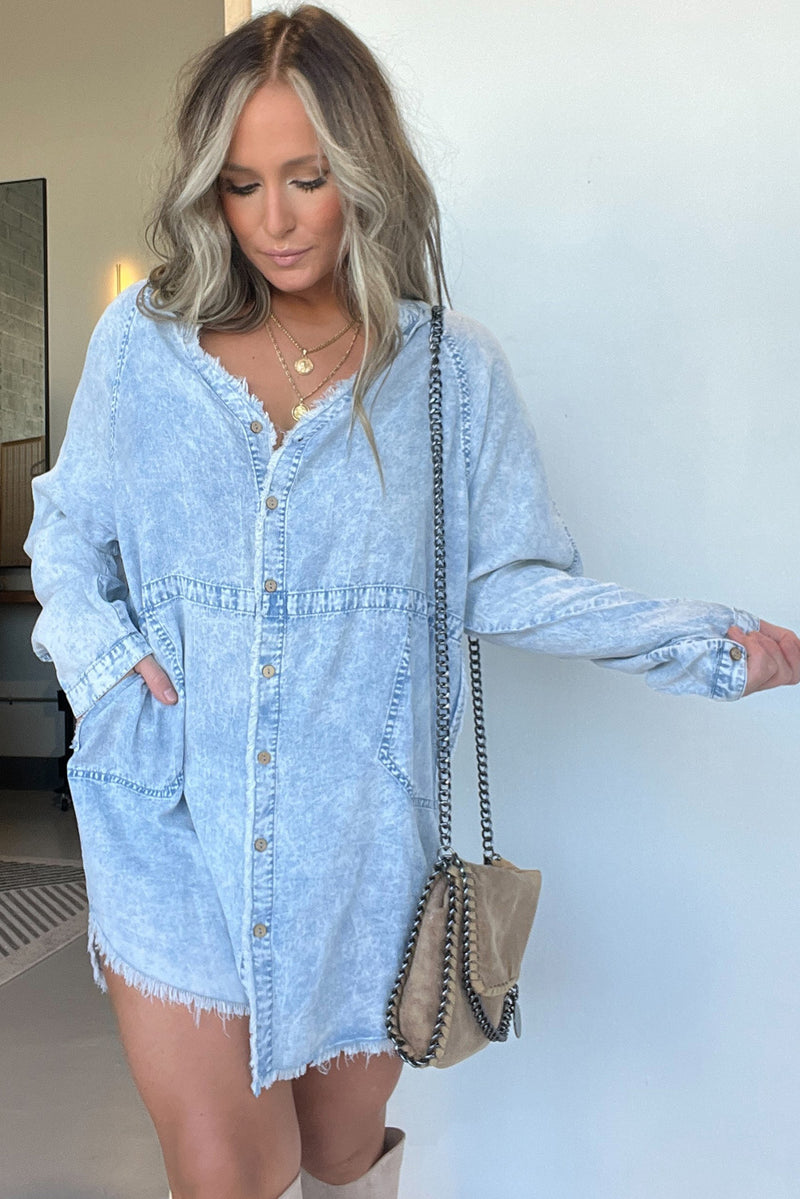 Beau Blue Acid Washed Distressed Edge Denim Mini Dress