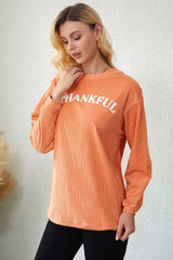 Orange-3 THANKFUL Letter Graphic Corded Sweatshirt