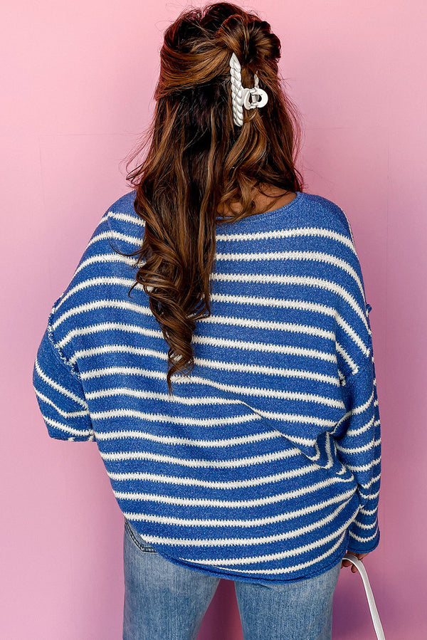 Sky Blue Striped Drop Shoulder Plus Size Sweater