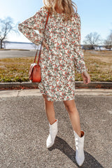 White Floral Printed Long Sleeve Mini Dress