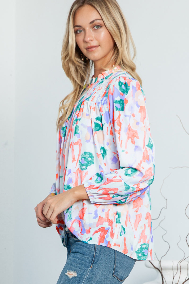 Multicolor Abstract Print Smocked Long Sleeve Blouse