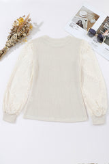 Beige Sunflower Mesh Long Sleeve Waffle Knit Top