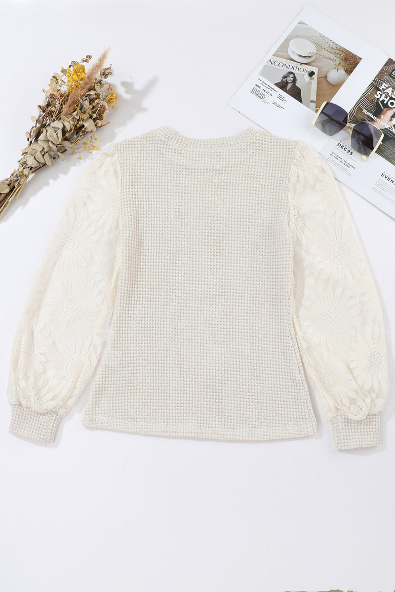 Beige Sunflower Mesh Long Sleeve Waffle Knit Top