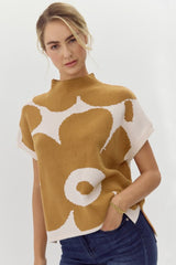 Camel Flower Print Mock Neck Knit Top