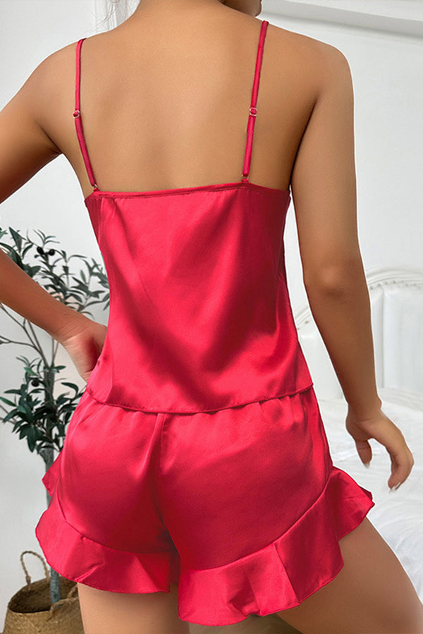 Racing Red Satin Camisole Shorts Robe Pajama Set