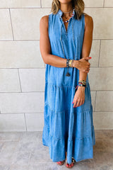 Blue Sleeveless Tiered Chambray Maxi Dress