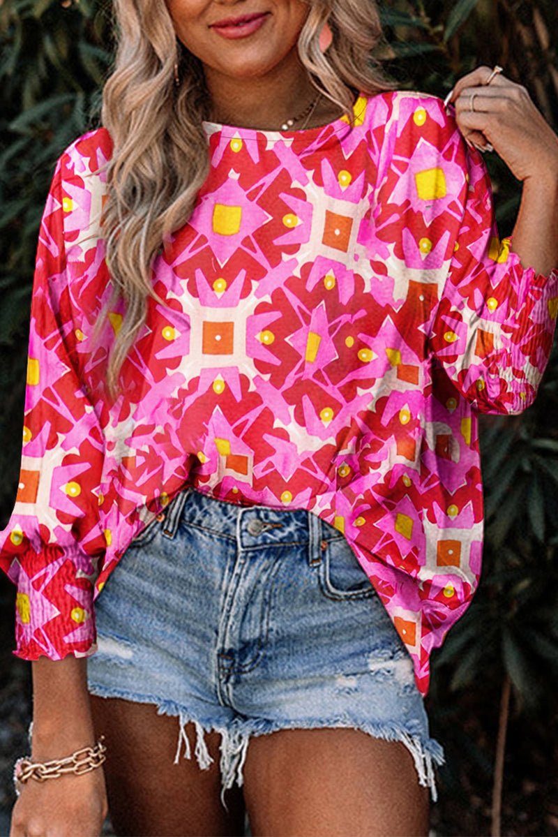 Strawberry Pink Abstract Print Shirred Cuff Loose Blouse