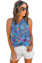 Sky Blue Boho Floral Print Button Front Sleeveless Blouse