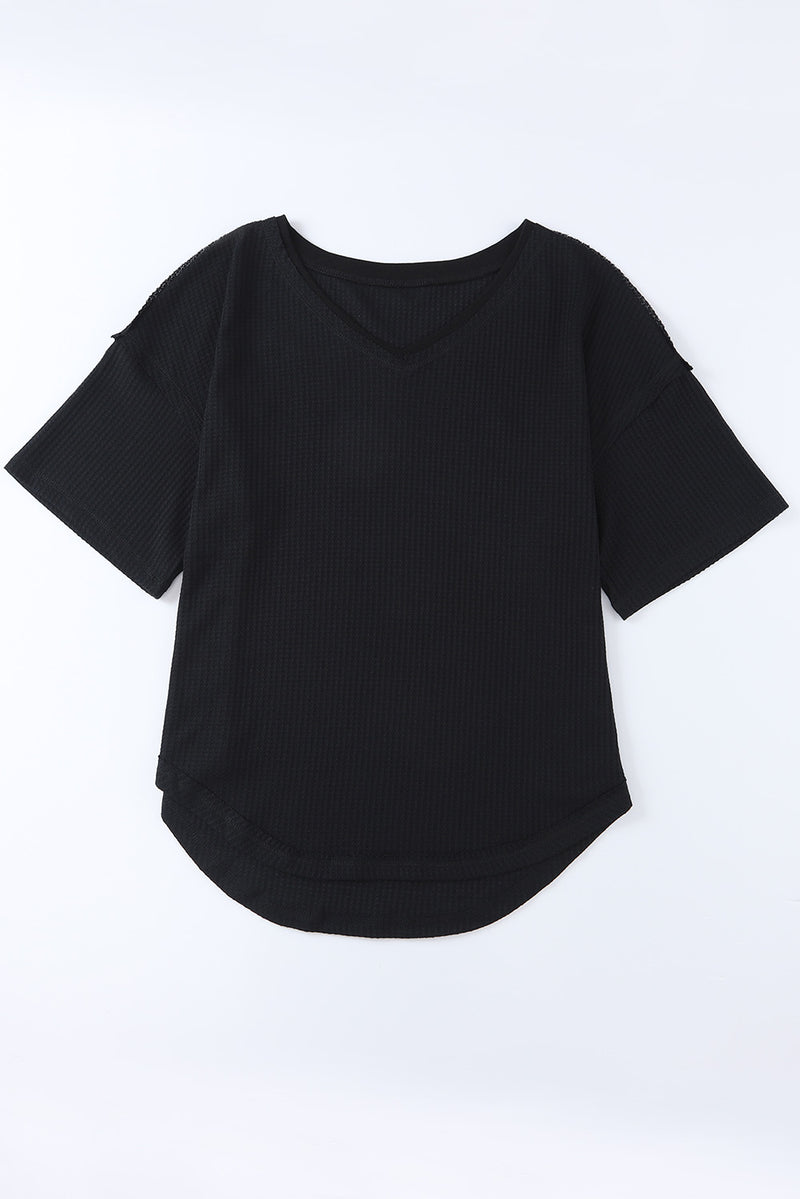 Black Waffle Knit Casual Drop Shoulder Loose Top