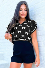 Black Preppy Bow Print Zipped Collar Knit Top