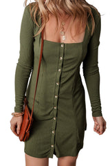 Guacamole Green Rib Knit Square Neck Buttoned Long Sleeve Dress