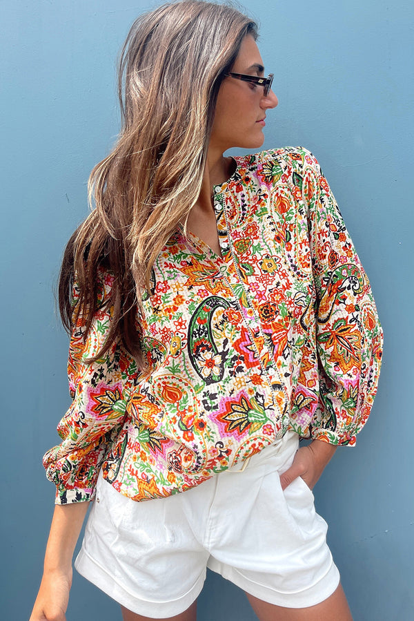 Multicolour Boho Floral Print Puff Sleeve Shirt