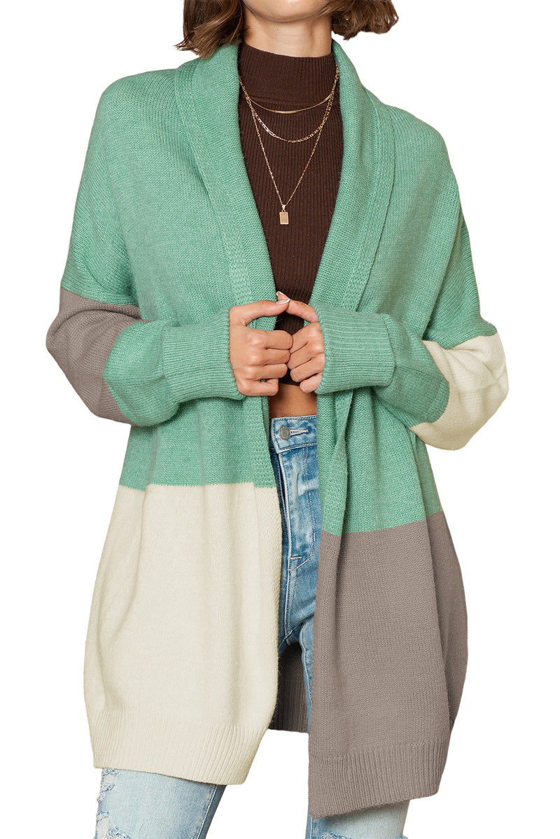 Green Colorblock Draped Open Front Cardigan