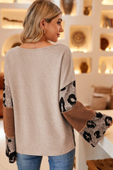 Leopard Colorblock Patchwork V-Neck Loose Sleeve Knit Top