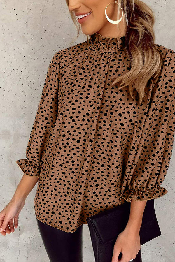 Brown Leopard Print Frill Neck 3/4 Sleeves Blouse