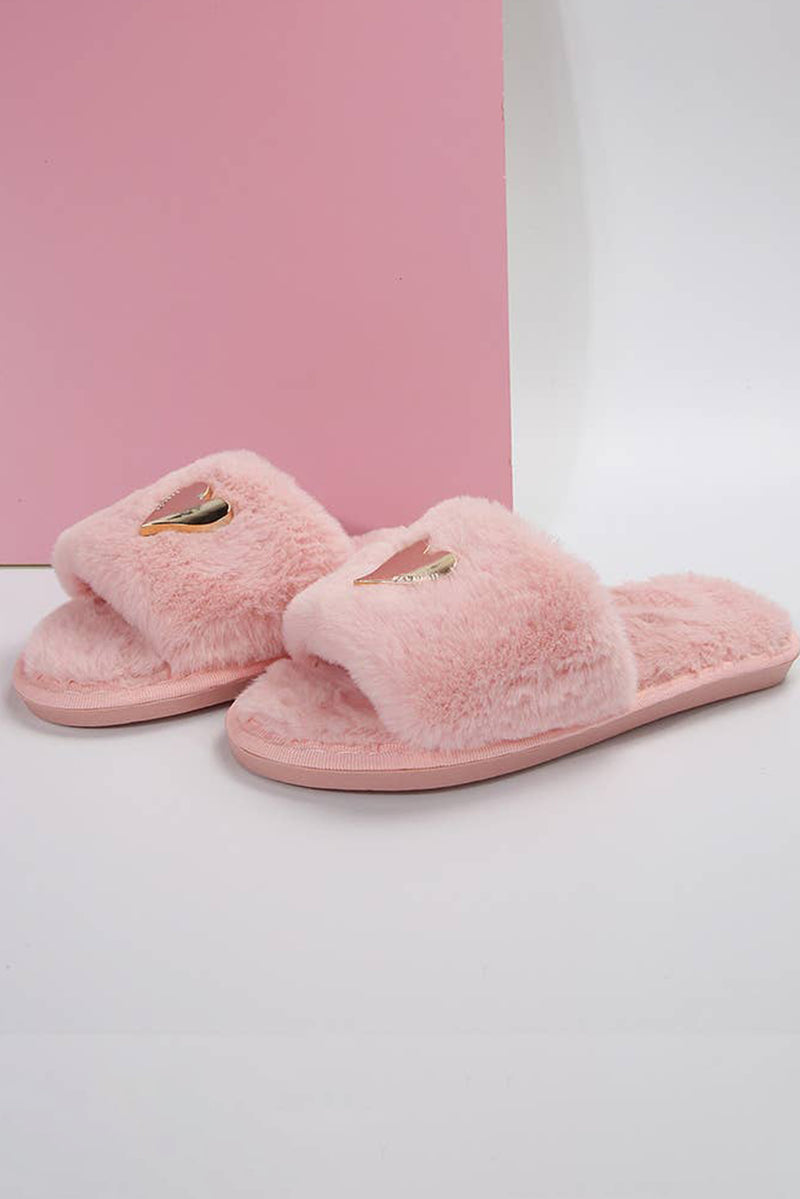 Black Heart Open Toe Plush Slippers