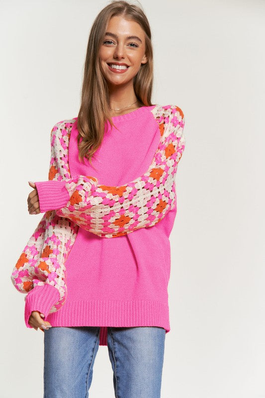 Crochet Detailed Long Sleeve Knit Sweater Top