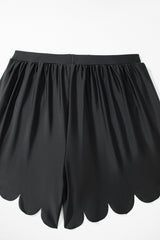 Black Scallop Trim Drawstring Beach Shorts