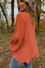 Russet Orange Swiss Dot Balloon Sleeve Patchwork Crinkle Blouse