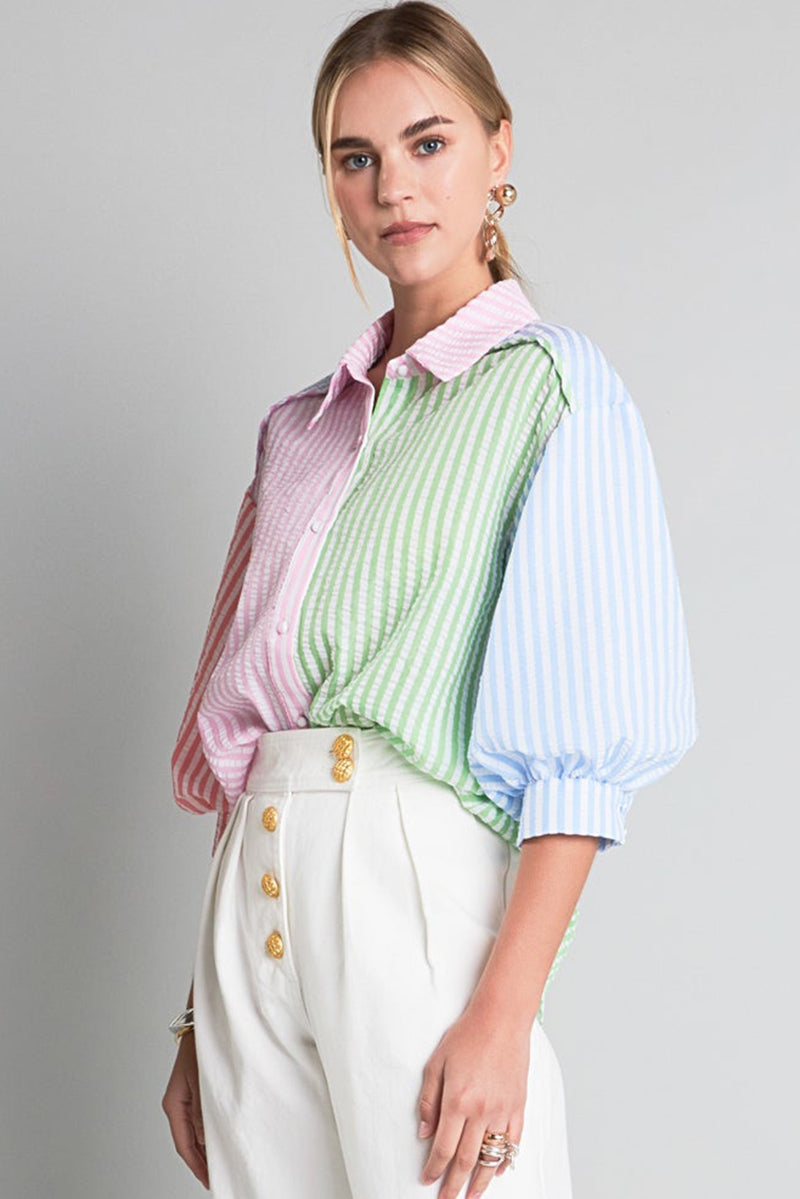 Pink Stripe Color Block Balloon Sleeve Button Loose Fit Shirt