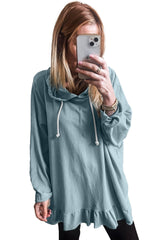 Iceland Blue Solid Ruffled Hem Loose Fit Tunic Hoodie