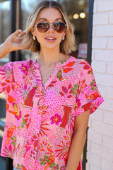 Rose Spotted Jungle Print V Neck Boho Blouse