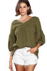 Green Solid Color Gauze Casual V Neck Top for Women