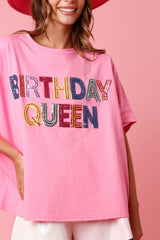 Pink Sequin BIRTHDAY QUEEN Pattern Round Neck T Shirt