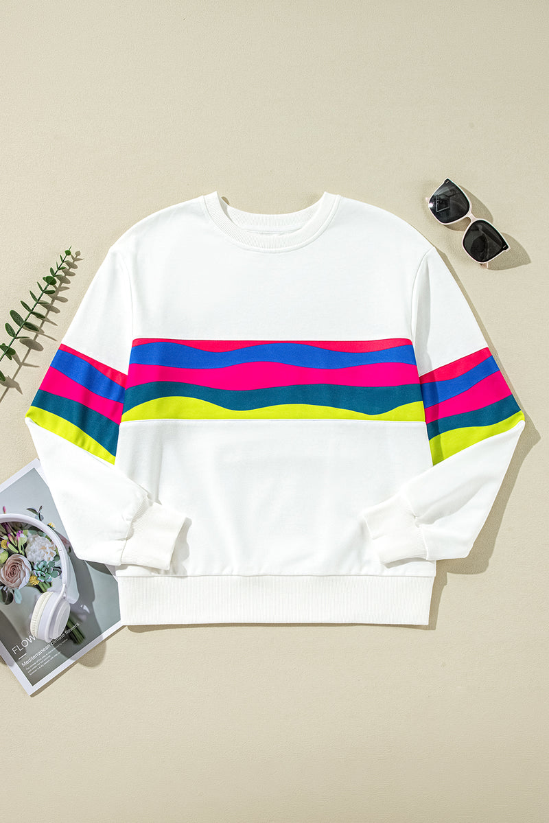 White Colorful Striped Round Neck Long Sleeve Top