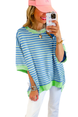 Sky Blue Stripe Contrast Drop Sleeve Loose Top