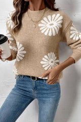 Pale Khaki Floral Print Round Neck Sweater