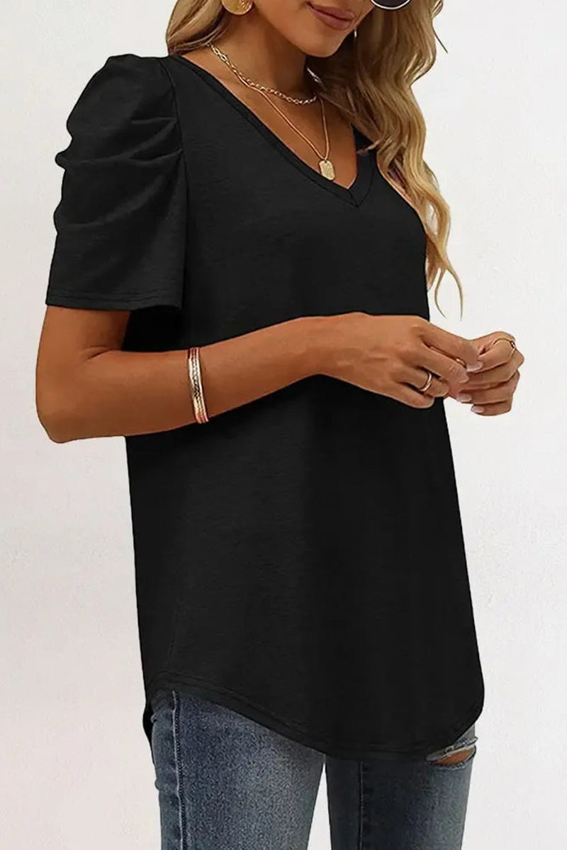 Green Solid Puff Sleeve Casual V Neck T-Shirt