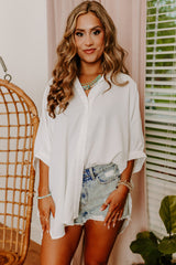 White Plain 3/4 Batwing Sleeve Oversize Button Up Blouse