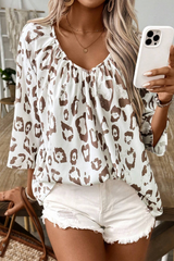 Khaki Leopard Print V Neck 3/4 Sleeve Blouse