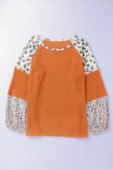 Orange Casual Waffle Leopard Patchwork Sleeve Knit Top