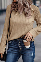 Green Textured Round Neck Knit Long Sleeve Top