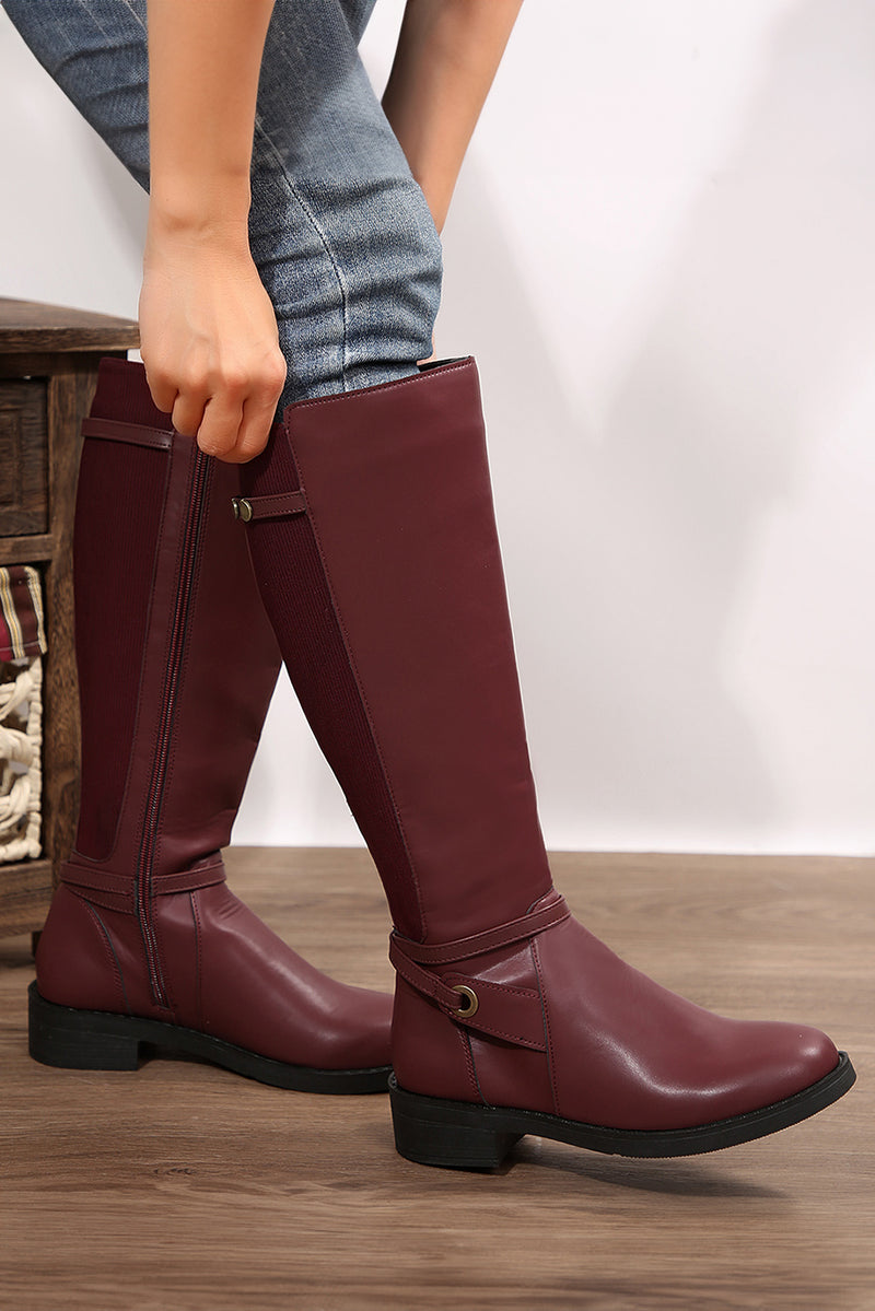 Burgundy Side Zipper Knee High Chunky Low Heel Boots