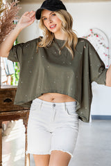 Green Half Sleeve Distressed Asymmetrical Top