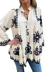 White Boho Print Button Bell Sleeve Ruffle Hem Blouse