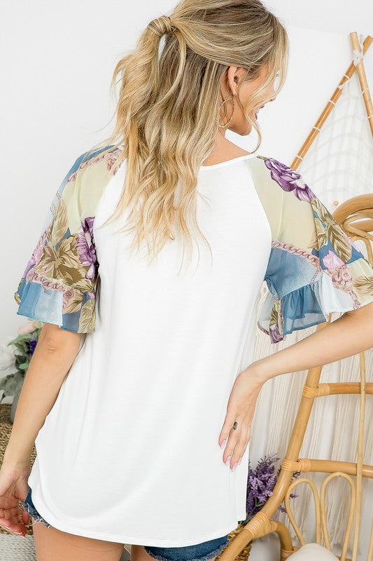 FLORAL CHIFFON MIX BELL SLEEVE TOP