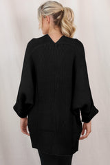 Black Batwing Sleeve Pocket Oversized Cable Knit Cardigan