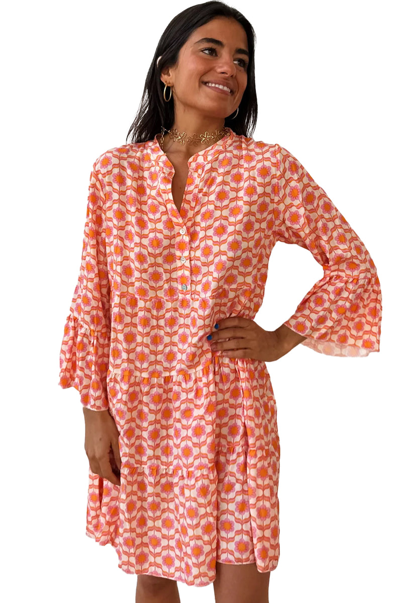 Orange Floral Button V Neck Bell Sleeve Mini Dress