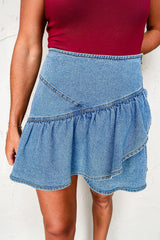 Beau Blue Asymmetric Ruffle Overlay Denim Mini Skirt