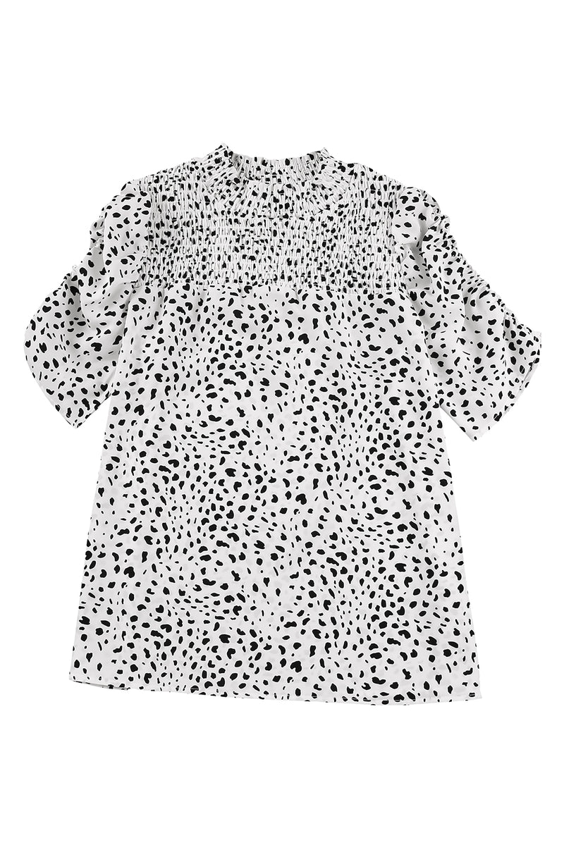 White Leopard Smocked Casual Bubble Sleeve Blouse