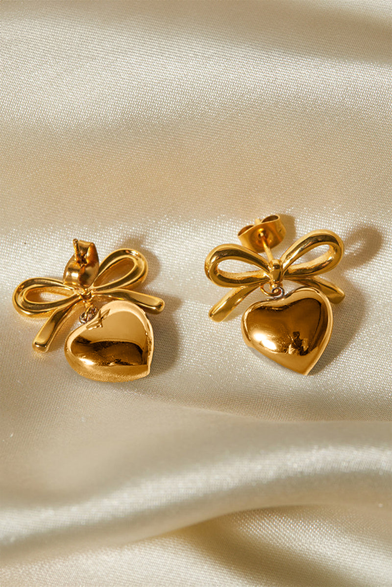 Gold Plated Valentines Heart and Bow Studded Earrings