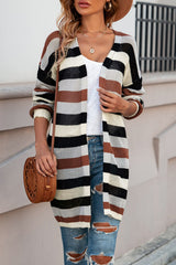 Black Striped Color Block Casual Hollow Cable Knit Cardigan