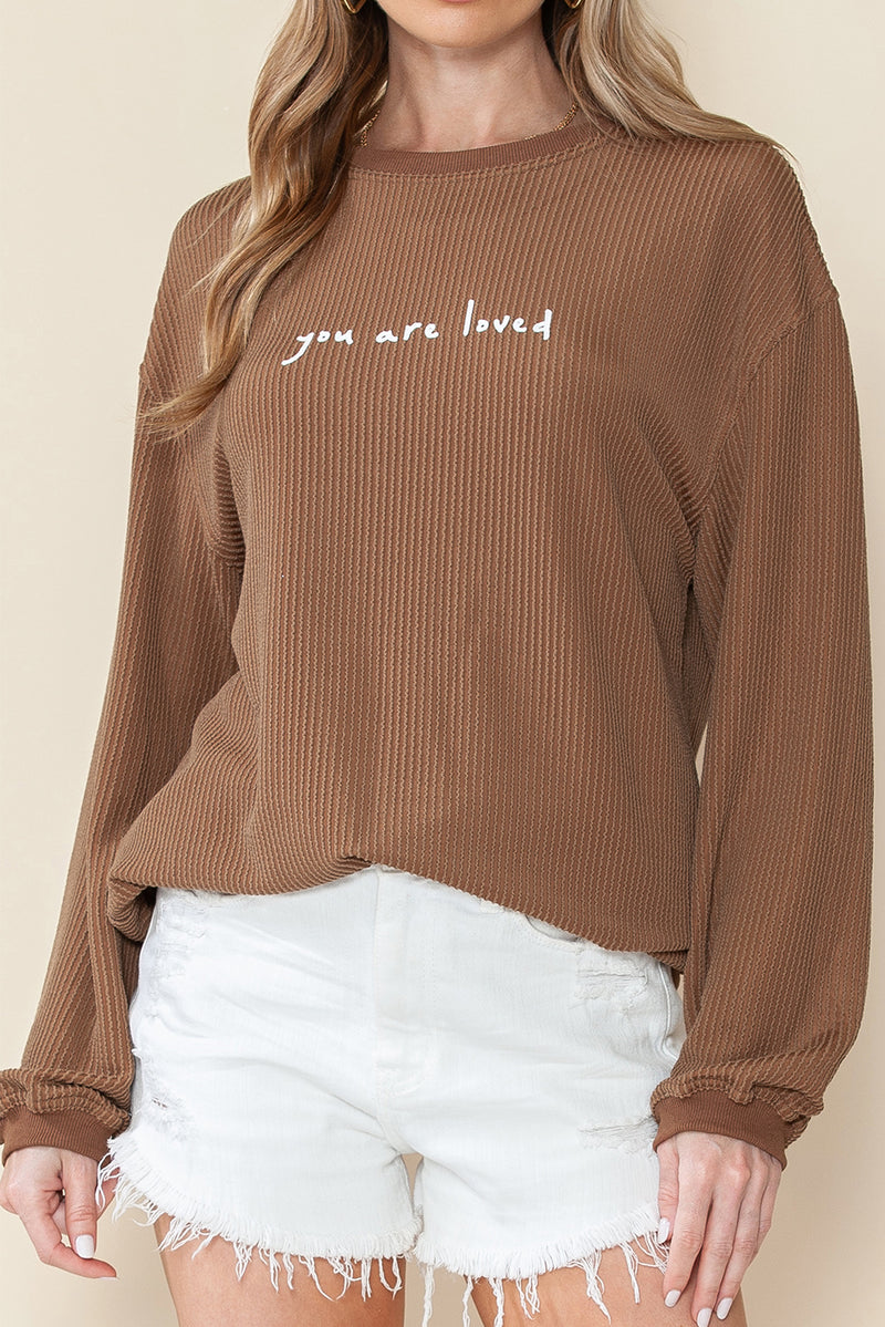 Khaki You Are Loved Print Corduroy Sweatshirt