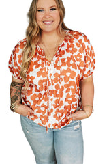 Orange Plus Size 60s Floral Print Drawstring V Neck Short Sleeve Blouse